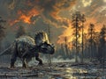 Realistic dinosaurs in a landscape of charred trees and ash aftermath of a forest fire Royalty Free Stock Photo