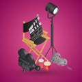 Realistic director chair with video camera, film reel, soft drink and popcorn bucket