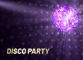 Realistic disco party banner with bright neon illumination ball vector illustration