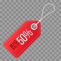 Realistic discount red tag on checkered background. Big sale, 50 percent off. Vector vintage label.