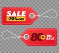 Realistic discount red tags isolated on checkered background. Big sale promotion.