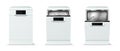 Realistic dishwasher with open door, closed, filled with dishes and empty front view Royalty Free Stock Photo