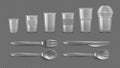 Realistic disposable tableware. Plastic take away glasses and cutleries. Isolated mugs for juices and freshes, spoon