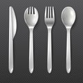 Realistic disposable white plastic spoon, fork and knife vector isolated cutlery Royalty Free Stock Photo