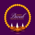 Realistic diwali diya with flower frame background