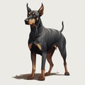 Realistic Doberman Pinscher Dog Cartoon Illustration In Dark Blue And Amber