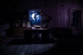 A realistic dollhouse living room with furniture and window at night. Artwork table decoration with handmade realistic dollhouse