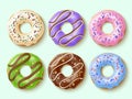 Realistic donuts. Sweet pastries with different types glazes and sprinkles, top view, 3d bakery product, round dessert Royalty Free Stock Photo