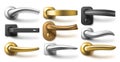 Realistic door handles. Different metal furniture and interior accessories, steel straight classic and curved modern