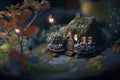 Realistic, dramatic, render A nostalgic and whimsical fairy garden with tiny house