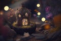 Realistic, dramatic, render A nostalgic and whimsical fairy garden with tiny house