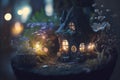 Realistic, dramatic, render A nostalgic and whimsical fairy garden with tiny house