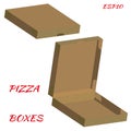 Realistic drawing of cardboard box for pizza. The box is closed and open in brown color on white background. Royalty Free Stock Photo