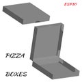 Realistic drawing of cardboard box for pizza. Box is closed and open in gray color on white background. Royalty Free Stock Photo