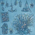 Realistic drawings of the marine object and fishermen With an even starfish starfish,