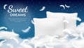 Realistic dream poster with soft pillow, cloud and feathers. Relax, rest and sleep concept with night sky. Cotton cushion vector