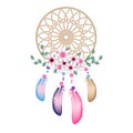 Realistic Dreamcatcher with threads, beads and feathers, boho style, Native American tribal symbol ,Ethnic dreamcatcher Royalty Free Stock Photo