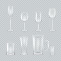 Realistic drink glasses. 3d empty cups, glass mug clear goblet for wine beer martini liquor rum champagne, mockup Royalty Free Stock Photo