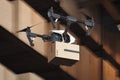 Realistic drone quadcopter delivering package from warehouse. Modern service and delivery. 3d rendering Back view.