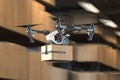 Realistic drone quadcopter delivering package from warehouse. Modern service and delivery. 3d rendering. Side view.