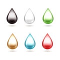 Realistic drops. 3D falling drip. Glossy droplet, light reflection and shadow. Oil or milk, blood and gasoline blobs Royalty Free Stock Photo