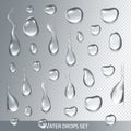 Realistic drops pure, clear water on light gray background. Isolated vector