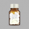 Realistic drugs bottle isolated on transparent background. Brown glass bottle with pills - medicine vector illustration Royalty Free Stock Photo