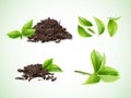 Realistic dry tea. Heap of dried black leaves and herbal bunch green leaf growing plant, foliage pile nature caffeine Royalty Free Stock Photo