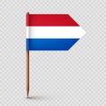 Realistic Dutch toothpick flag. Souvenir from Netherlands. Wooden toothpick with paper flag. Location mark, map pointer Royalty Free Stock Photo