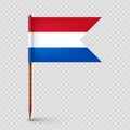 Realistic Dutch toothpick flag. Souvenir from Netherlands. Wooden toothpick with paper flag. Location mark, map pointer Royalty Free Stock Photo