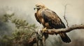 Realistic Eagle Portrait On Tree Branch: Dark Gold And Beige