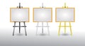 realistic easels with blank white board, isolated wooden brown easel with blank horizontal canvas. Royalty Free Stock Photo