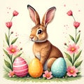 Realistic Easter bunny with colorful eggs and flowers. Royalty Free Stock Photo
