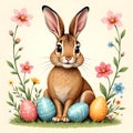 Realistic Easter bunny with colorful eggs and flowers. Royalty Free Stock Photo