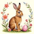 Realistic Easter bunny with colorful eggs and flowers. Royalty Free Stock Photo