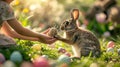Realistic Easter Bunny Give An Easter Egg To A Kid For Easter Party. Happy Easter With Generosity and Love