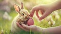 Realistic Easter Bunny Give An Easter Egg To A Kid For Easter Party. Happy Easter With Generosity and Love