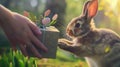 Realistic Easter Bunny Give A Special Gift To A Kid For Easter Party. Happy Easter With Generosity and Love
