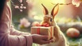 Realistic Easter Bunny Give A Special Gift To A Kid For Easter Party. Happy Easter With Generosity and Love