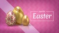 Realistic Easter egg banner. Greeting banner and invitation card with 3D golden eggs decorative elements. Vector holiday