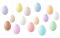 Realistic easter eggs banner, celebration greeting poster with colorful pastel egg. Hang on ropes objects, 3d decorative