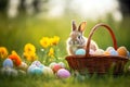 realistic easter eggs rabbit basket of flowers on pastel garden background Royalty Free Stock Photo