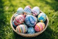 realistic easter eggs rabbit basket of flowers on pastel garden background Royalty Free Stock Photo