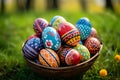 realistic easter eggs rabbit basket of flowers on pastel garden background Royalty Free Stock Photo