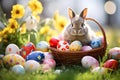 realistic easter eggs rabbit basket of flowers on pastel garden background Royalty Free Stock Photo