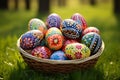 realistic easter eggs rabbit basket of flowers on pastel garden background Royalty Free Stock Photo