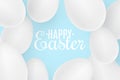 Realistic Easter white 3D eggs on blue background. Lettering text. Scattered eggs. Cover for happy easter. Festive web banner. Royalty Free Stock Photo