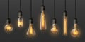 Realistic edison light bulbs. 3d retro hanging steampunk lamps with incandescent lightbulb. Electrical decorative glowing pendant