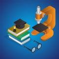 Realistic Education Object like as Books with Graduation Cap, Microscope and Eyeglasses