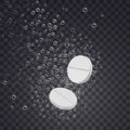 Realistic effervescent soluble tablets in water with clear air bubbles. Pills. Background for medical posters, banners. Vector Royalty Free Stock Photo